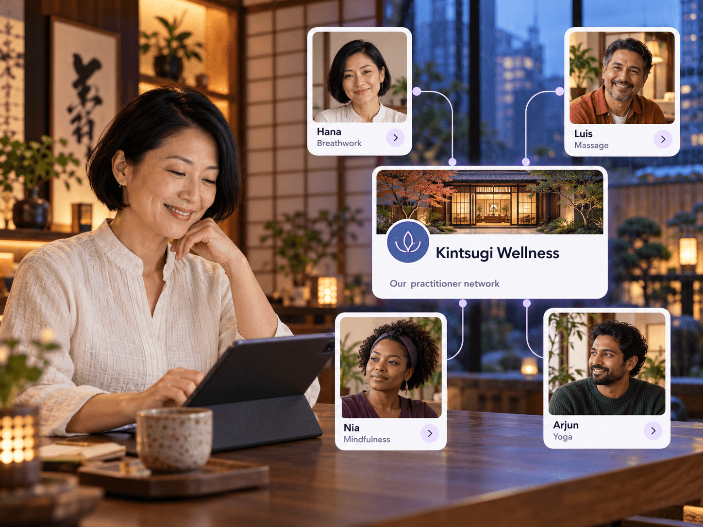 A network lead on a tablet beside her organization page on Gyfts, connected to member practitioners.