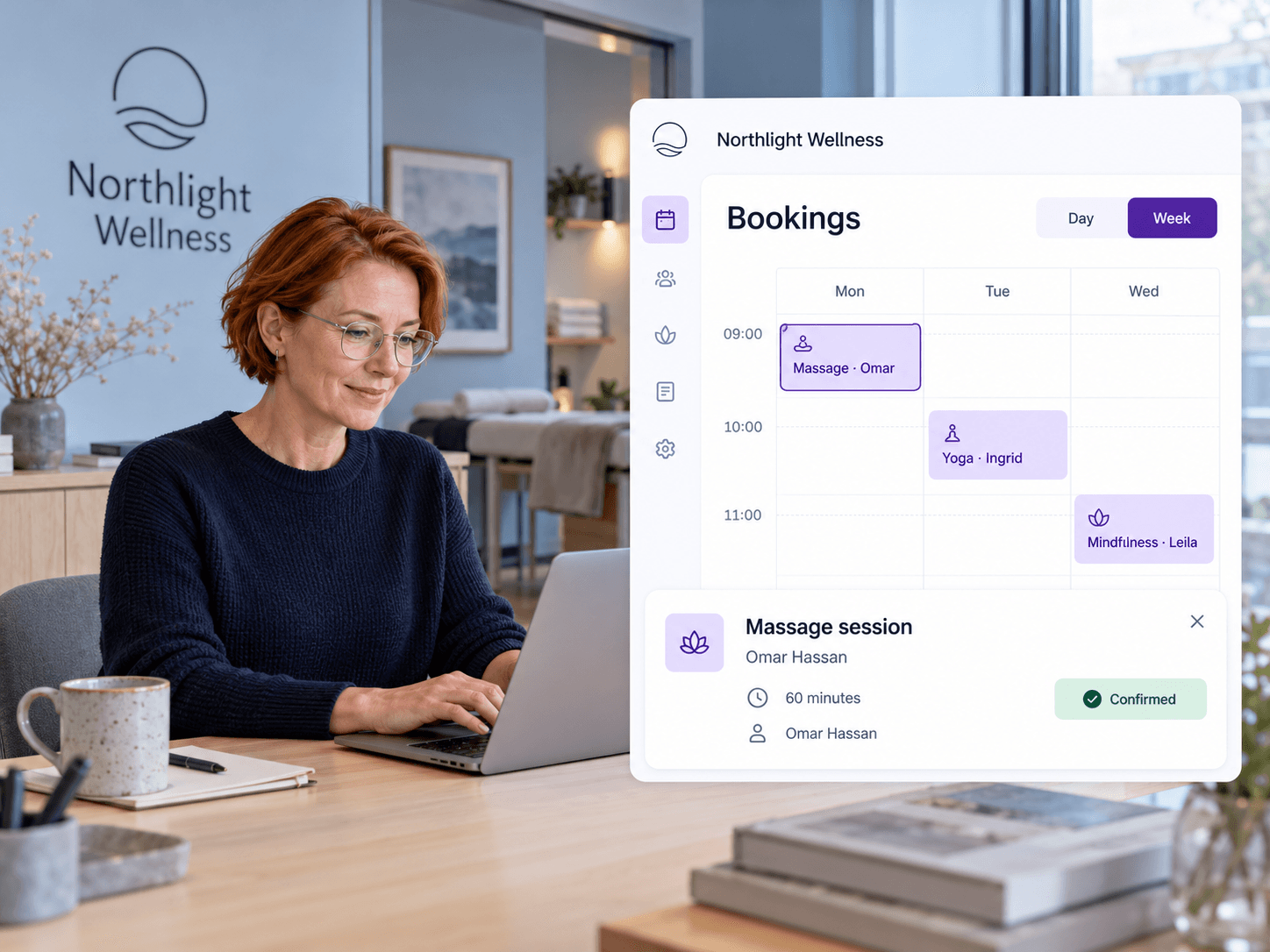 A clinic manager at her laptop beside the organization booking calendar on Gyfts.
