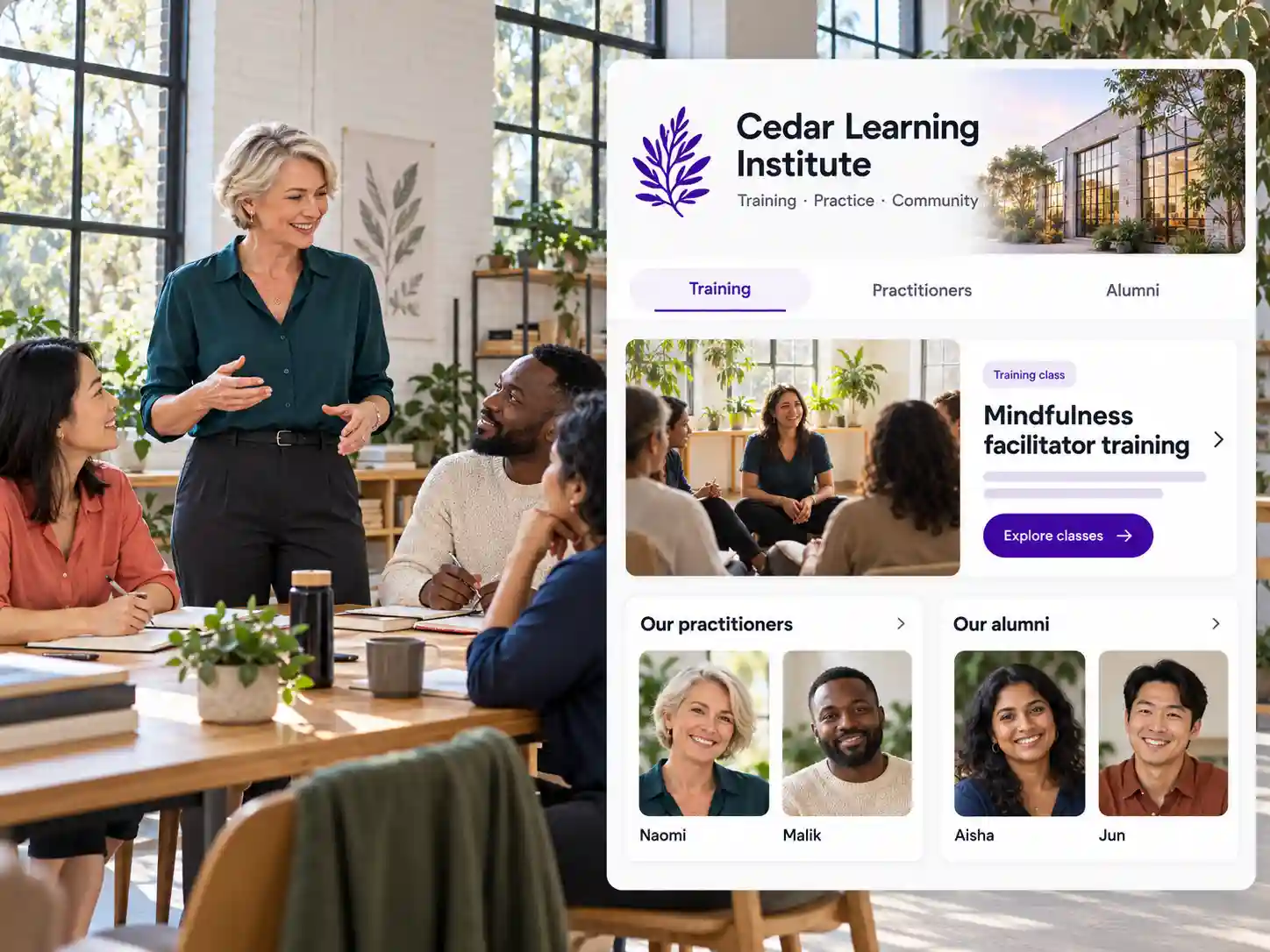 A teacher leading a group session, beside the example page for Cedar Learning Institute on Gyfts.