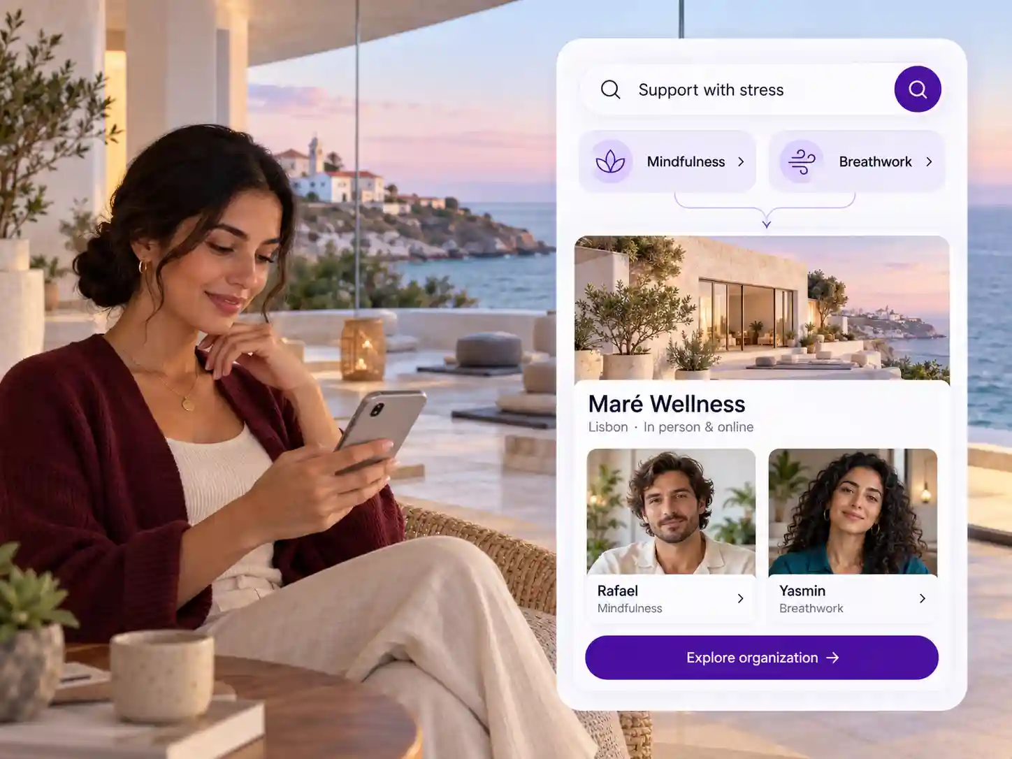 A woman on her phone searching for support with stress, beside a Gyfts result for Maré Wellness and two of its practitioners.