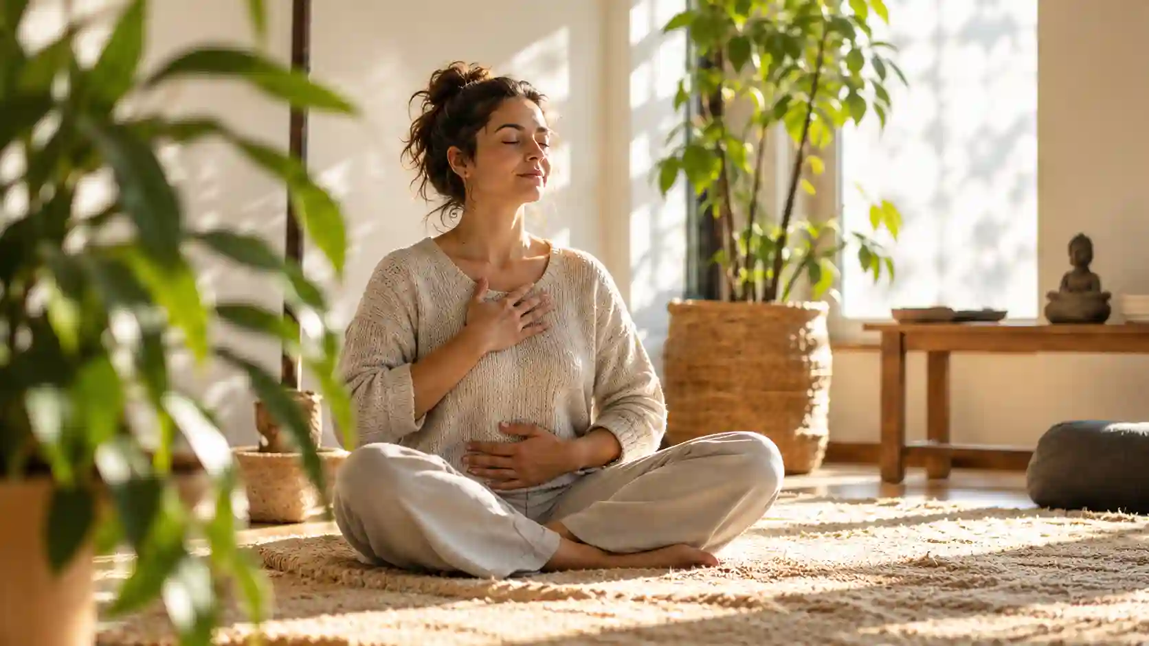 A woman sitting cross-legged on a rug in a sunlit room, one hand on her chest and one on her belly, practicing slow breathing.