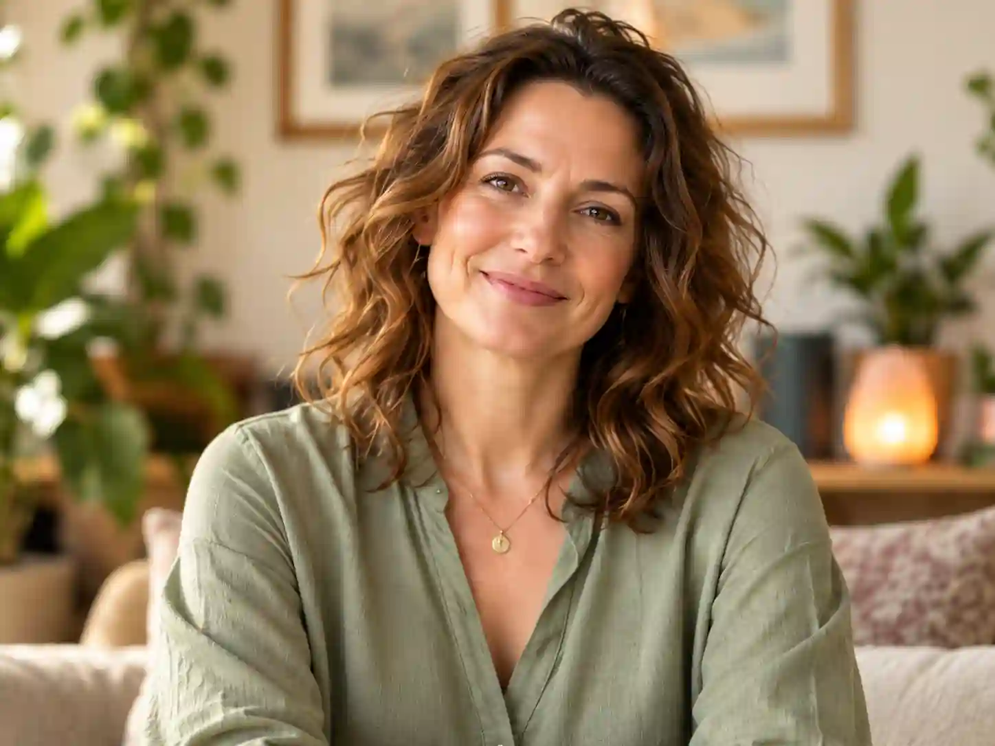 Portrait of Dara Sullivan, smiling, in a green linen shirt in a room with plants.