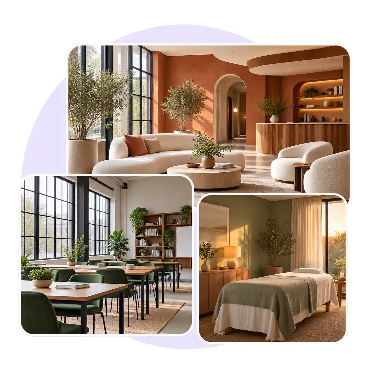 A wellness center lounge, a sunlit training room and a treatment room.