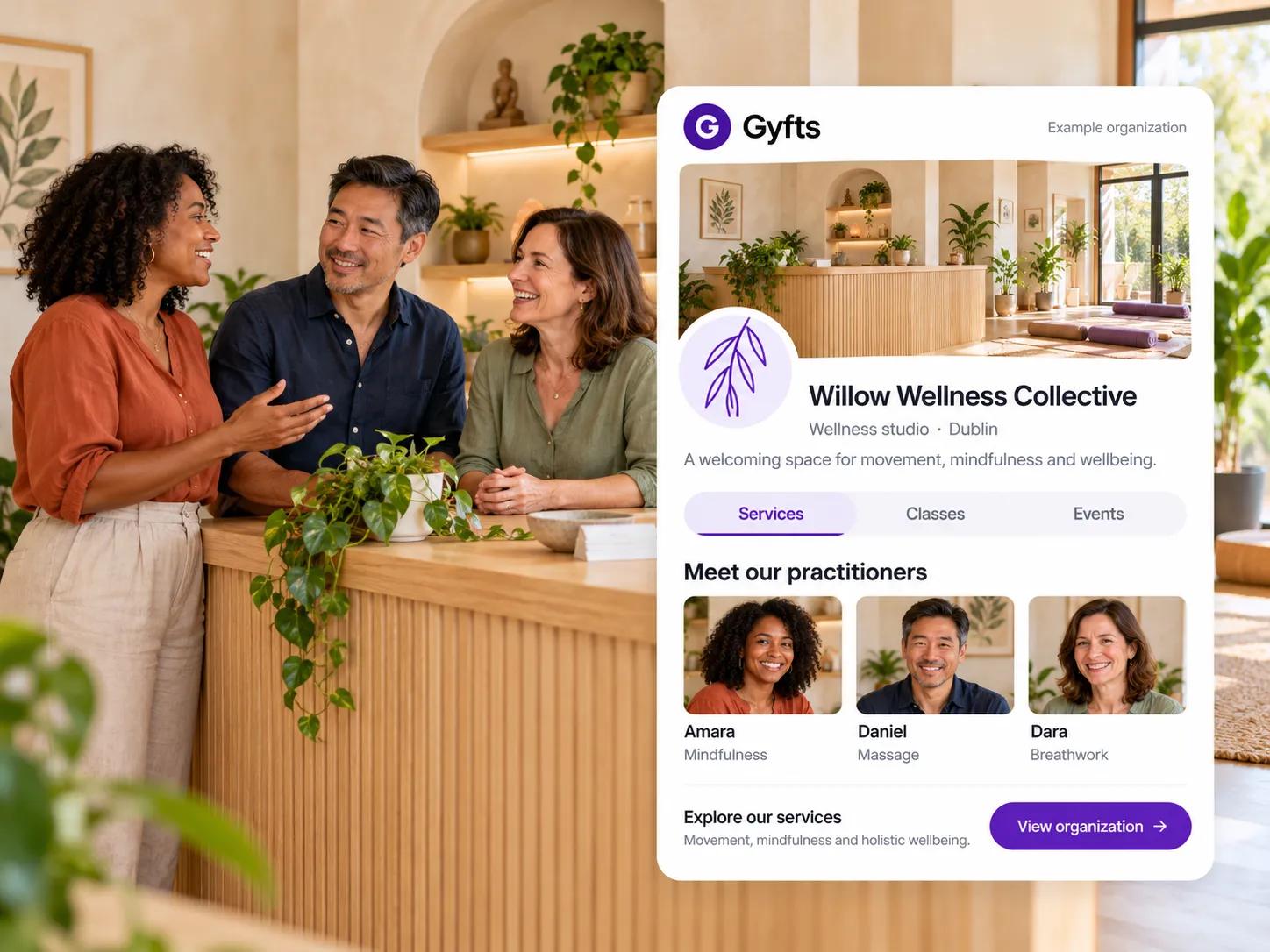 Three practitioners talking in their studio, beside the example organization page for Willow Wellness Collective on Gyfts with its team.