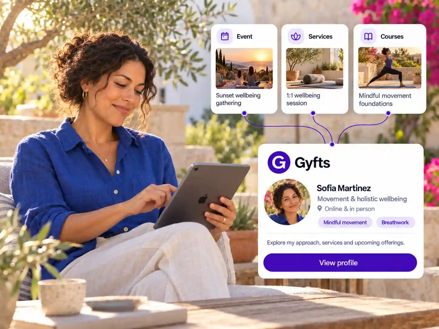 A practitioner on a tablet with her services, an event and a course linked to her Gyfts profile.