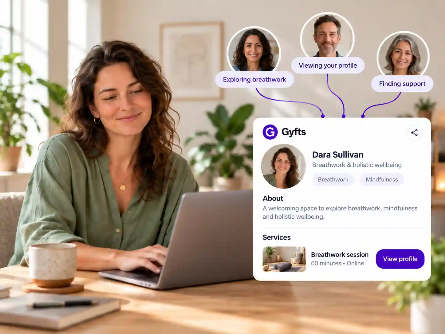A practitioner at her laptop beside her Gyfts profile, with people exploring breathwork and viewing her profile.
